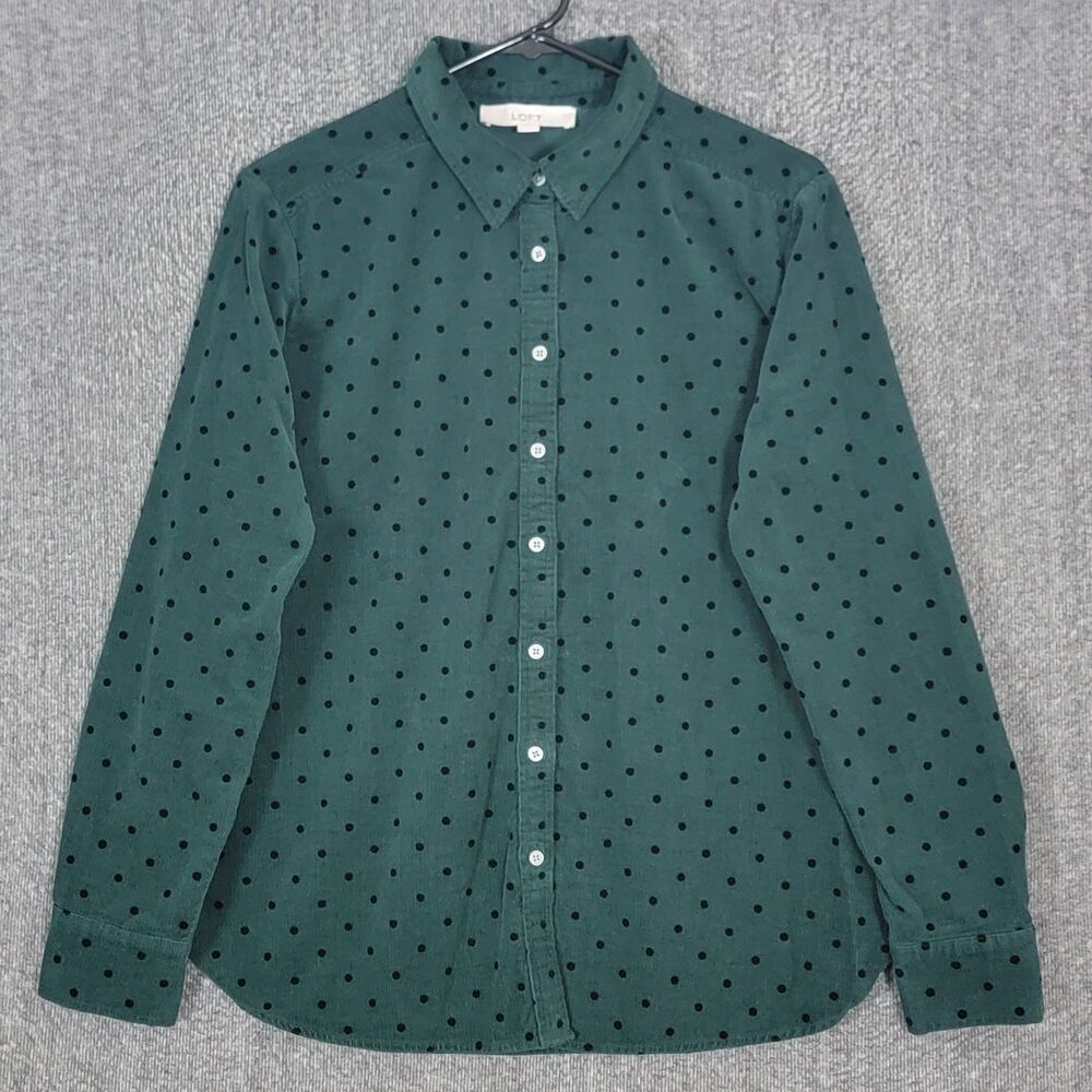 Ann Taylor Loft Shirt Womens Medium Green Black Polka Dot Corduroy Long Sleeve